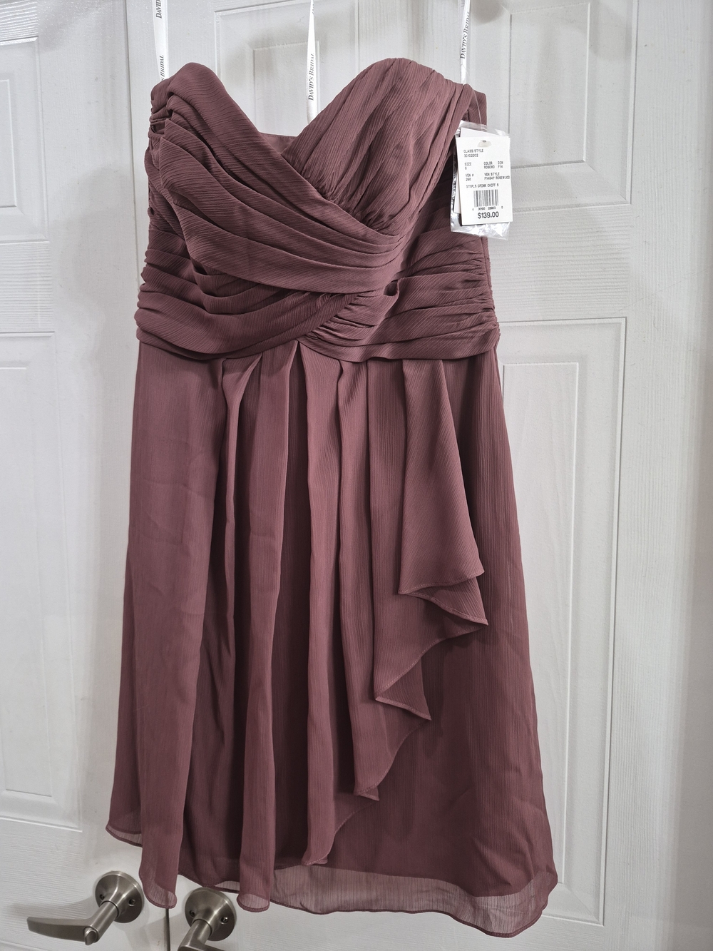 David's Bridal Strapless Ruched Chiffon Dress in Mauve Plum